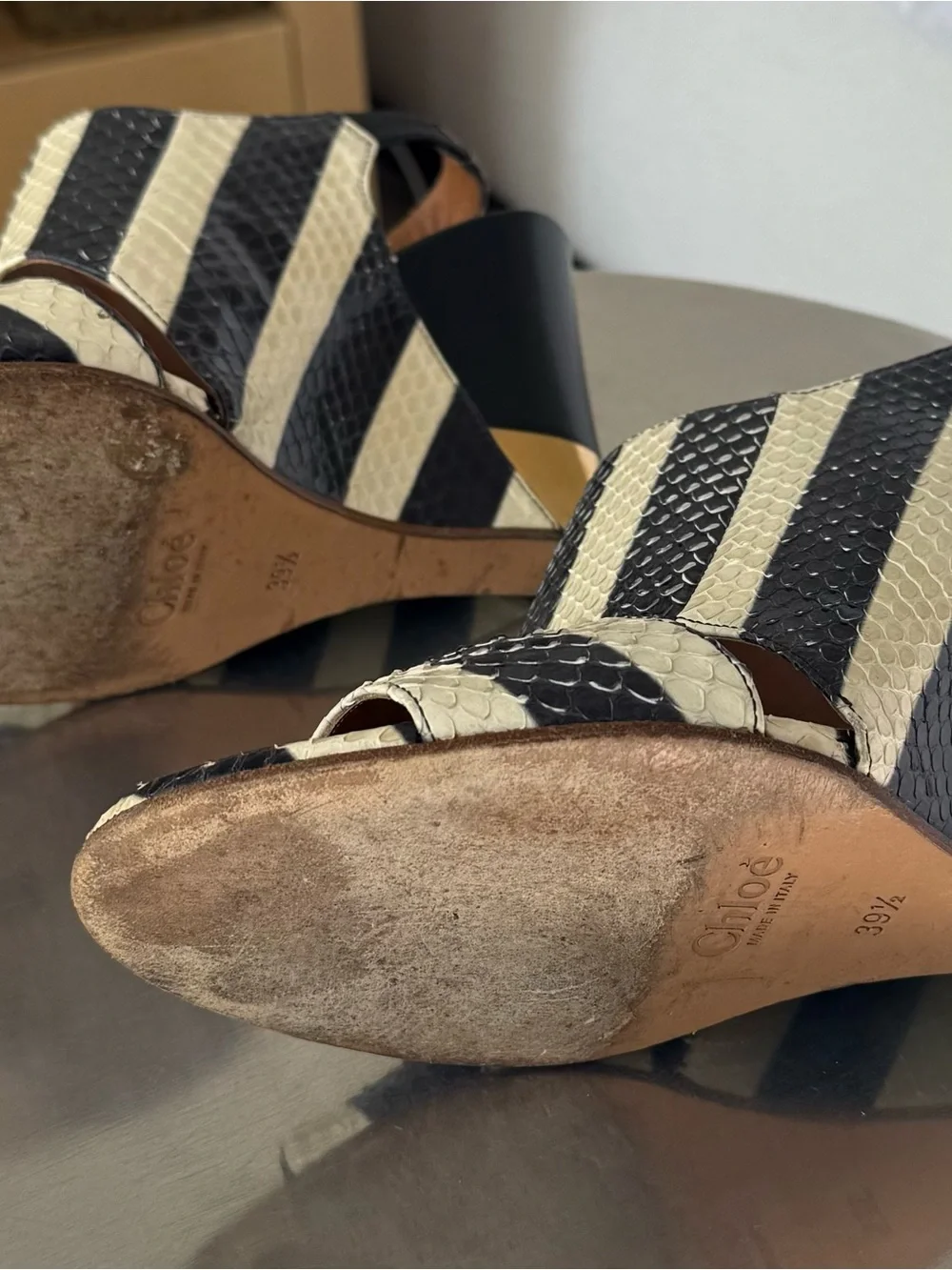 Chloe Black and Cream Striped Slingback Heels - Picture 4 of 5